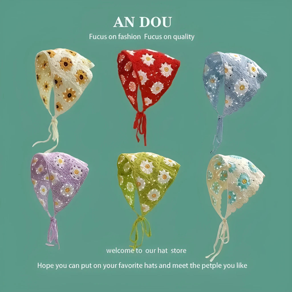 Women's cotton triangular headscarf with floral pattern in French retro style showing beanie cap design