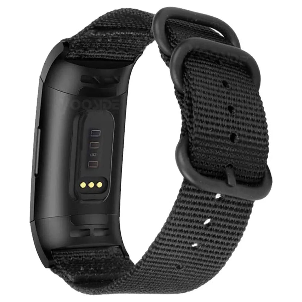 Nylon three-ring buckle replacement strap for Fitbit Charge 2, 3, 4, and 5 fitness trackers in army green colour.