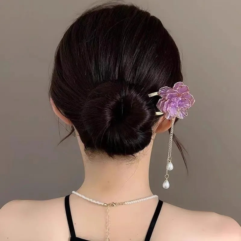 Retro peony flower tassel U-shaped hairpin in alloy with purple and white colour options
