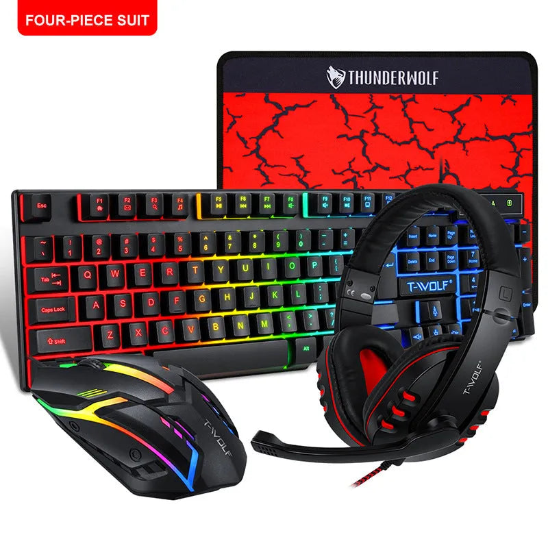 Thunder Wolf T800 gaming keyboard mouse headset bundle four piece set on desk