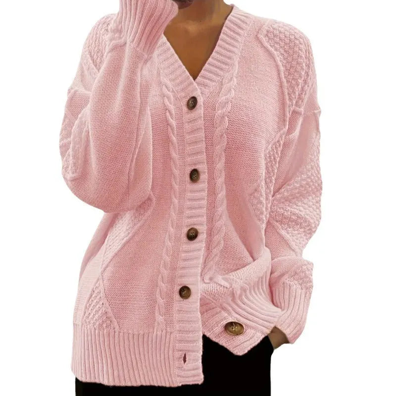 V-neck button-front cable-knit cardigan in artificial wool and polyester, solid colour, sizes S to XXL
