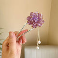 Retro peony flower tassel U-shaped hairpin in alloy with purple and white colour options