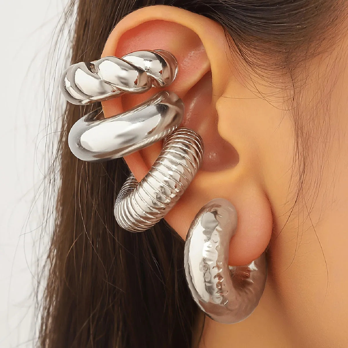 Gold and silver geometric clip-on earrings set for women without pierced ears
