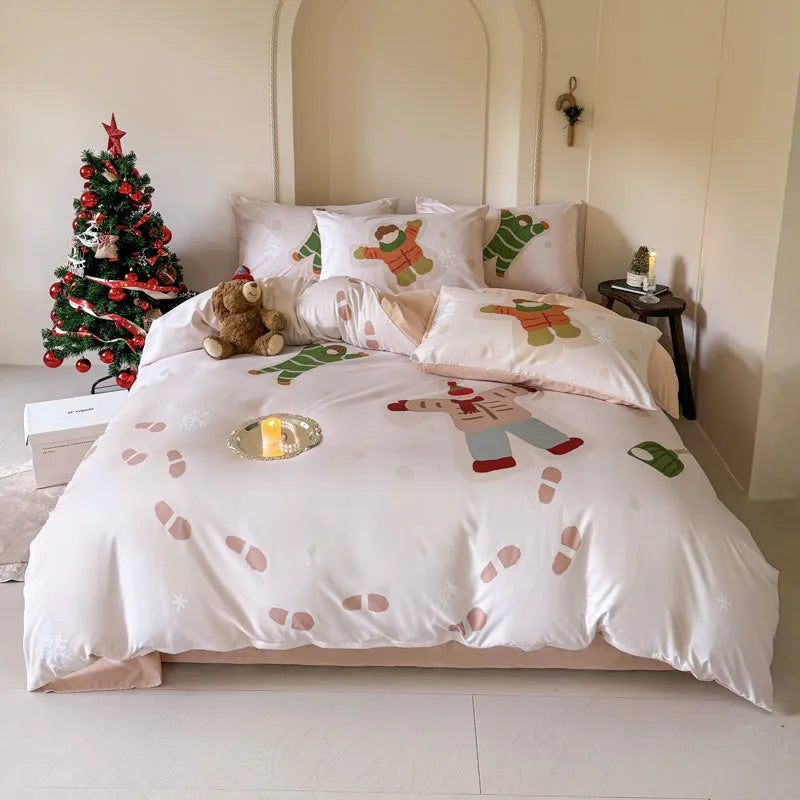 Christmas cartoon print four-piece bedding set with super soft washed cotton material