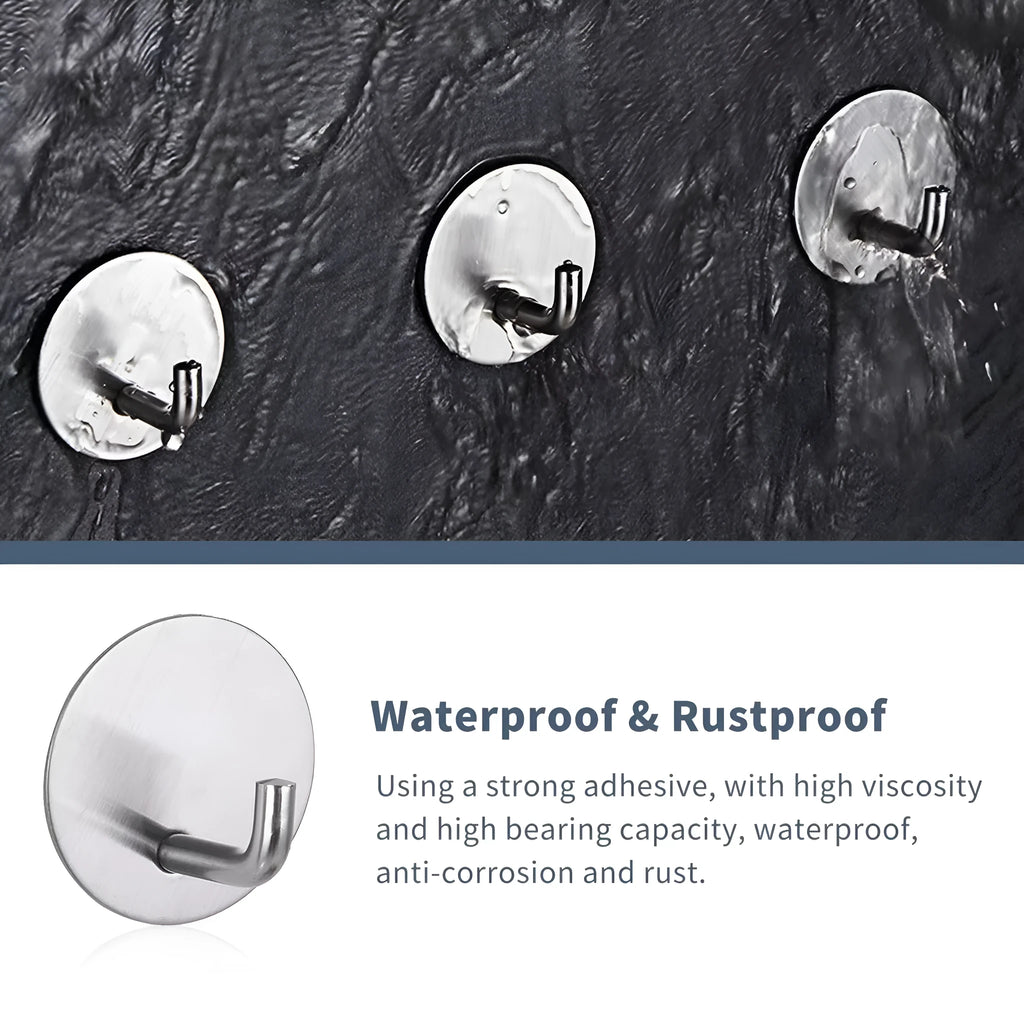 Stainless steel self-adhesive round hook in black or polished finish for bathroom or kitchen.
