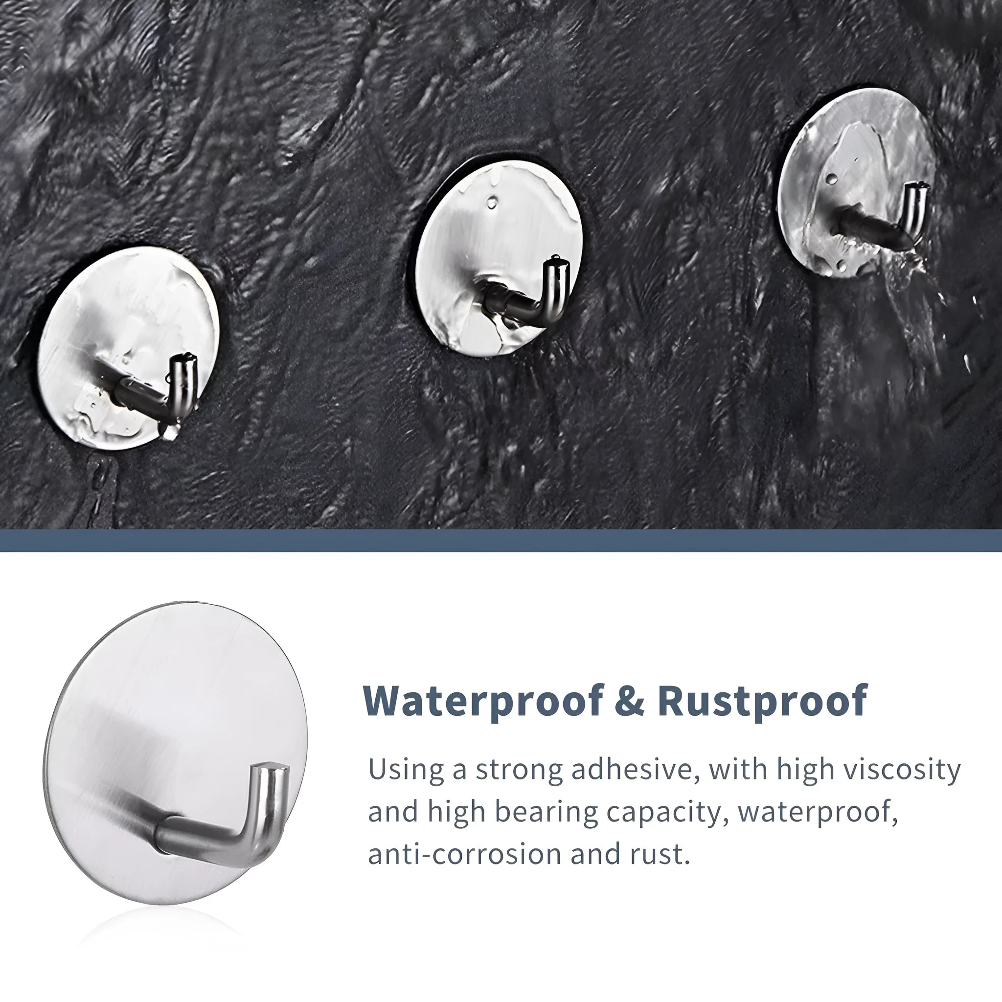 Stainless steel self-adhesive round hook in black or polished finish for bathroom or kitchen.