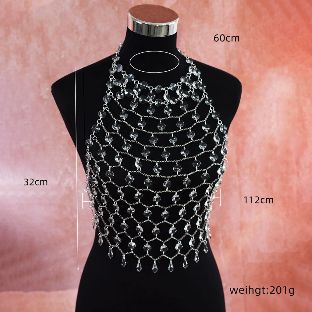 Hand-woven transparent acrylic crystal sequins body chain chest necklace in round shape on display