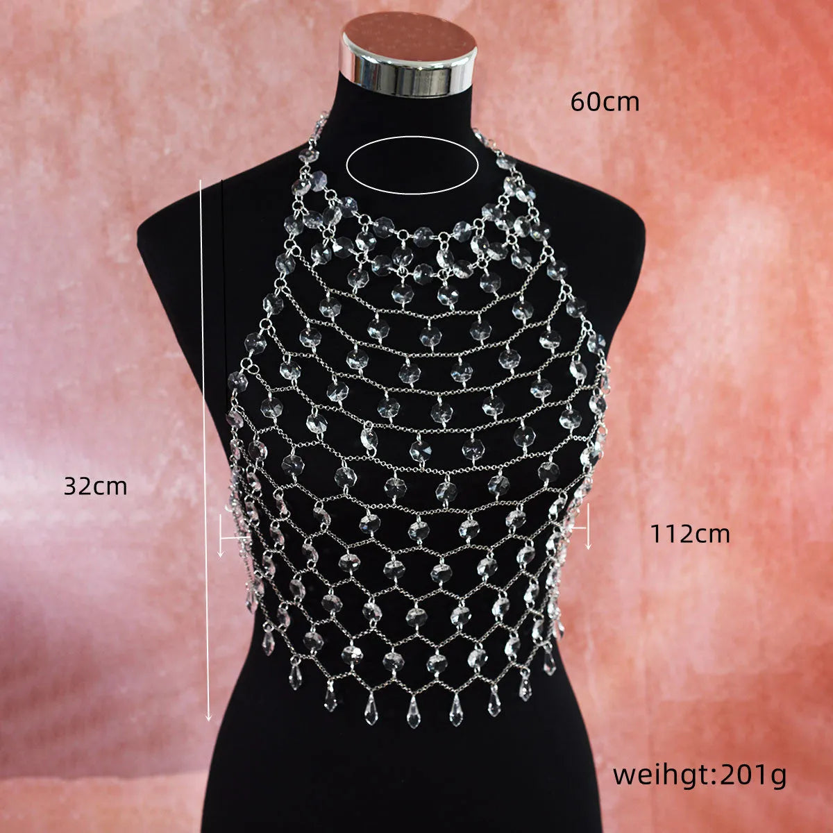 Hand-woven transparent acrylic crystal sequins body chain chest necklace in round shape on display