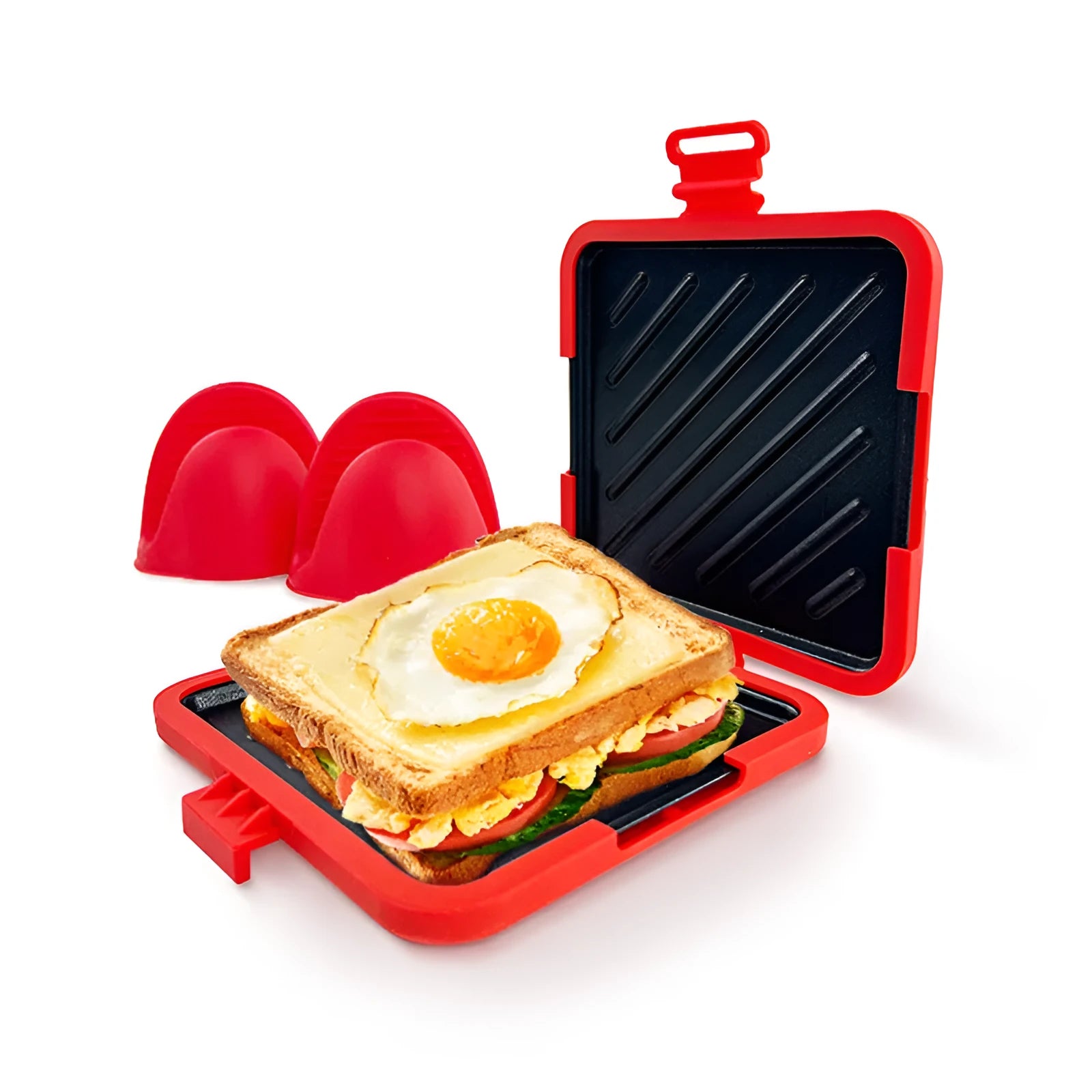 Red silicone baking tray with anti-scald handbag-style handles and included oven gloves