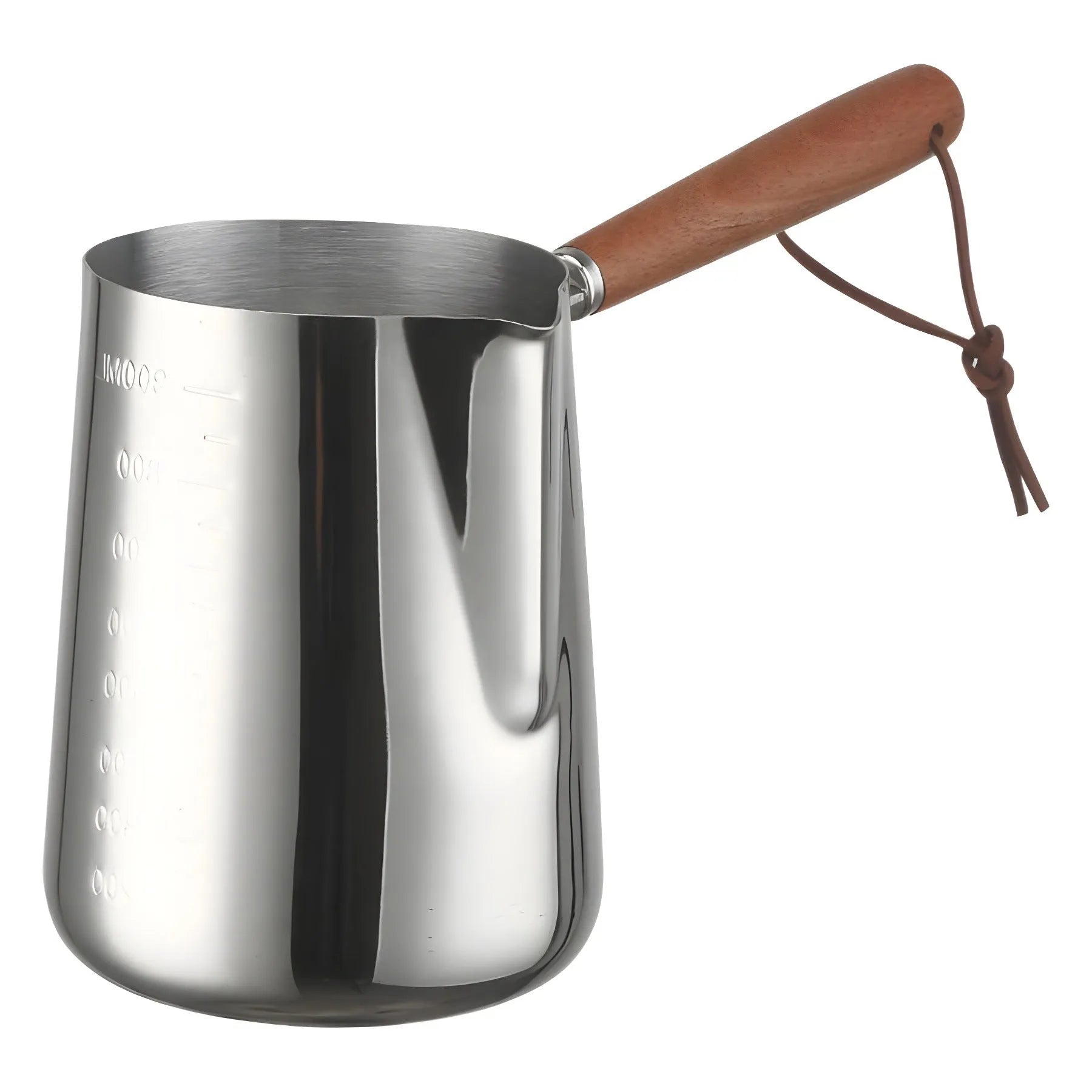 Stainless steel coffee cup with wooden handle showing interior measurement scale markings