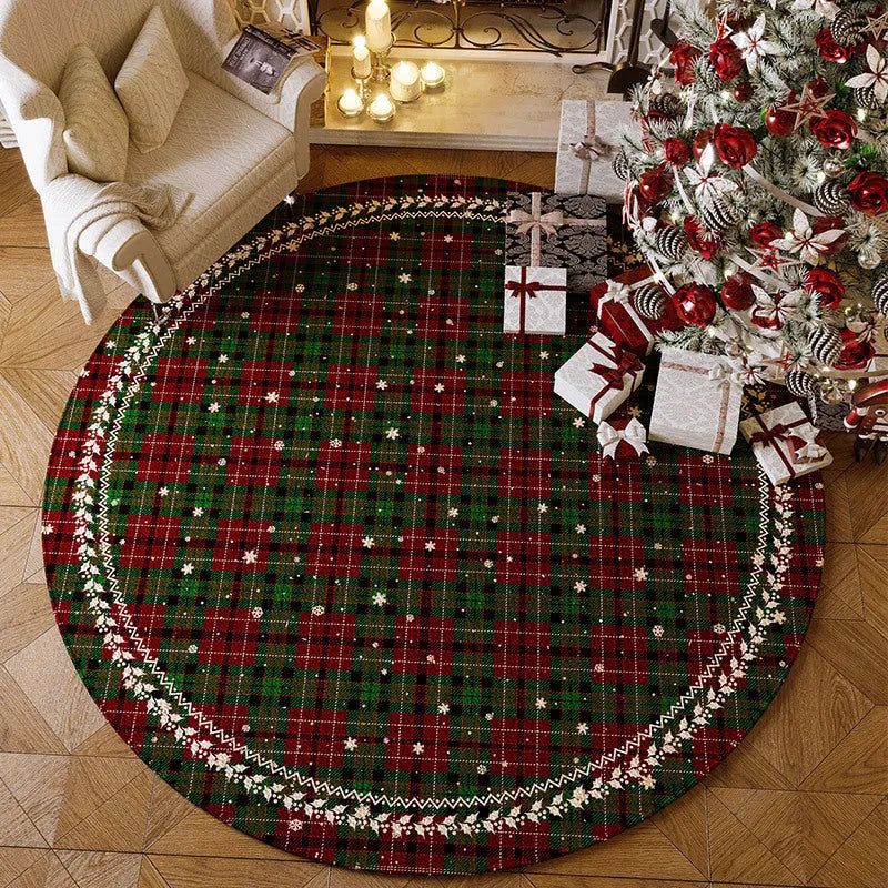 Round Christmas carpet in festive colours with velvet texture on hardwood floor