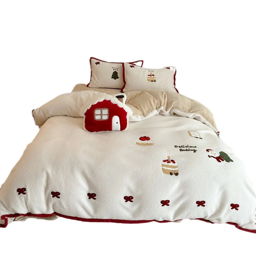 Cartoon pattern girls bedding four-piece set with duvet cover, sheet, and pillowcases in a snowy milk pastry design.