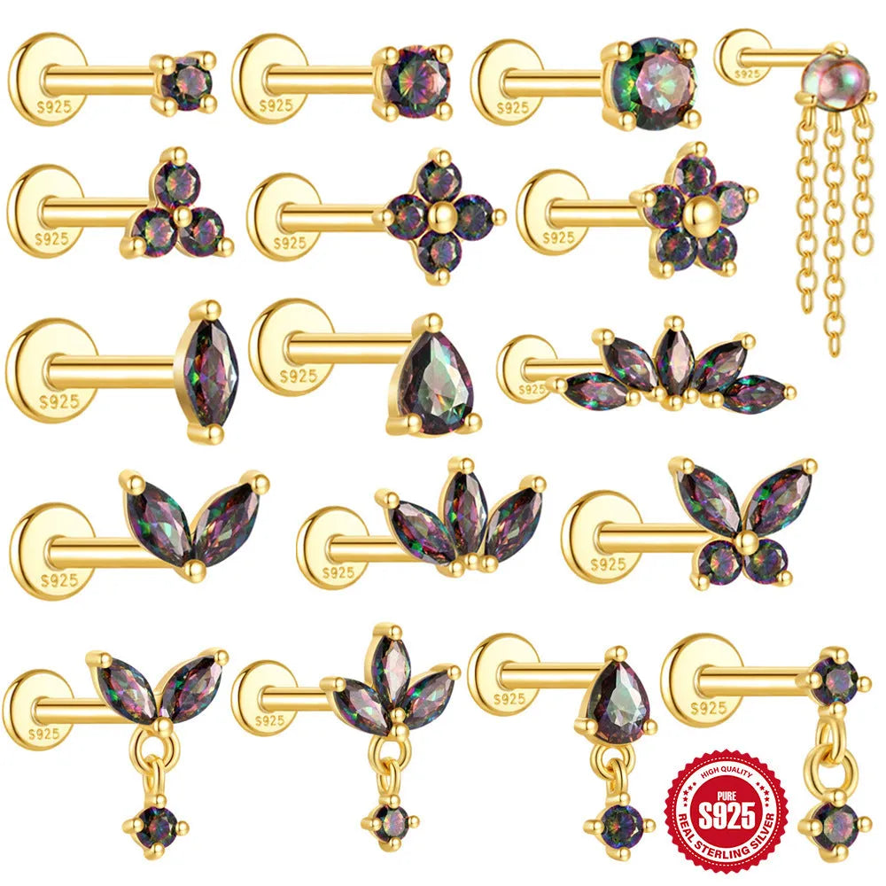 S925 sterling silver flat head thread piercing with super shiny rainbow stone in gold tone.