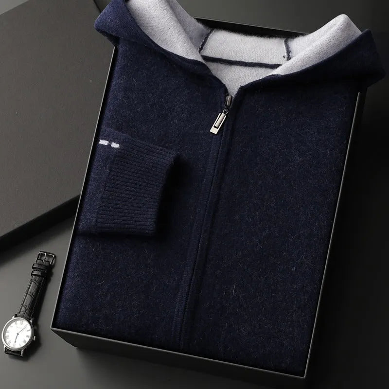 Men's dark blue cashmere cardigan with half-high collar and front zipper in loose fit