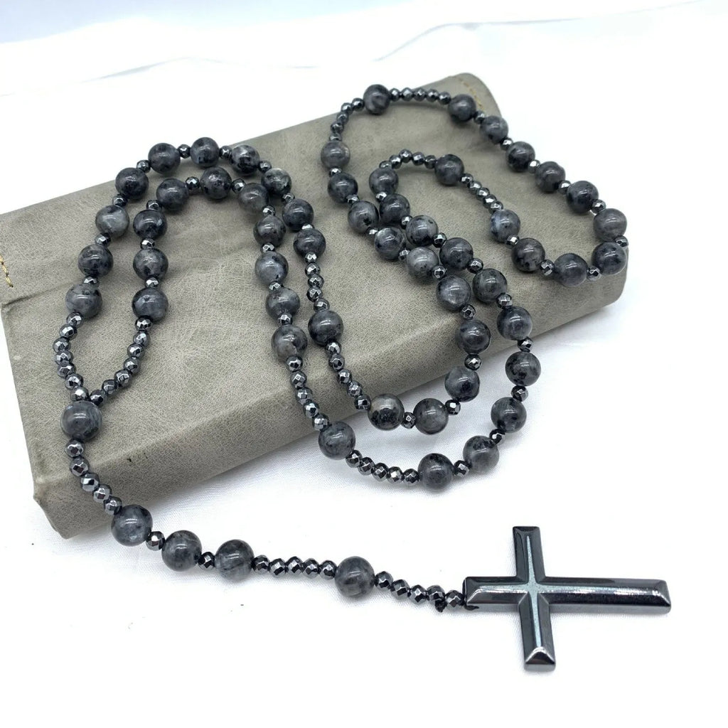 Men's stone cross pendant necklace with ball bead chain and safety lock clasp in geometric design.