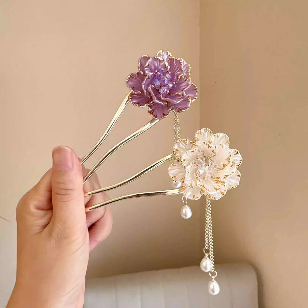 Retro peony flower tassel U-shaped hairpin in alloy with purple and white colour options
