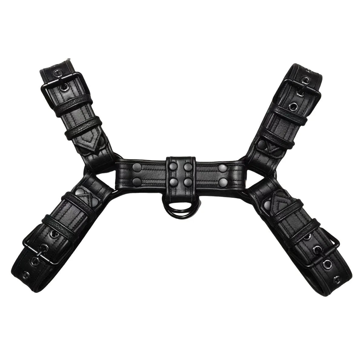Black leather men's chest bondage strap with a large metal adjustment buckle.