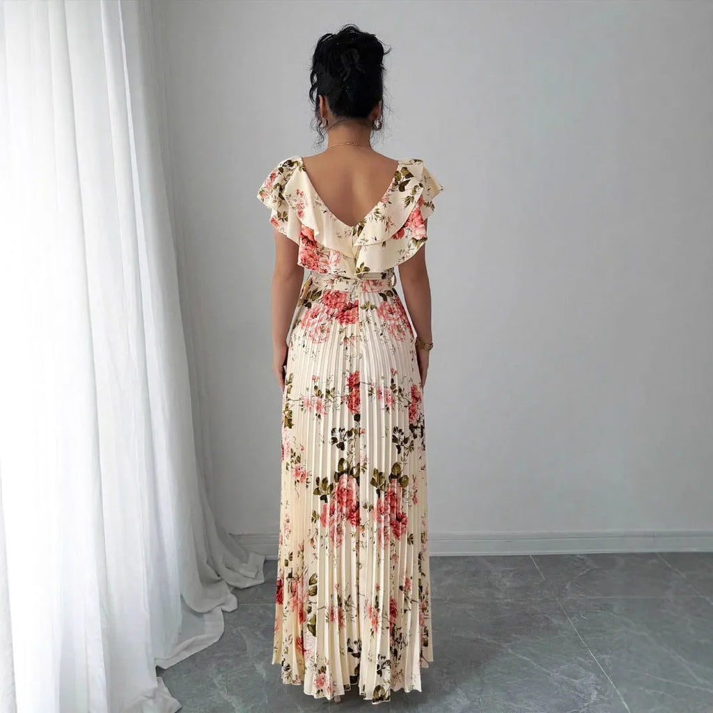 Apricot floral print dress with V-neck, ruffled short sleeves, and a high-waisted long swing skirt