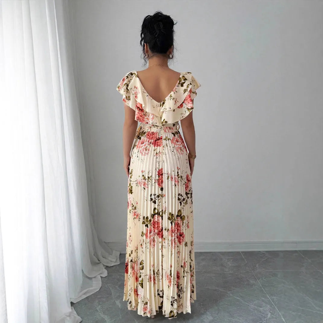 Apricot floral print dress with V-neck, ruffled short sleeves, and a high-waisted long swing skirt