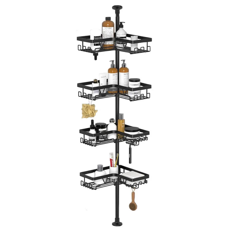 Retractable stainless steel bathroom storage rack with four shelves for hole-free installation.