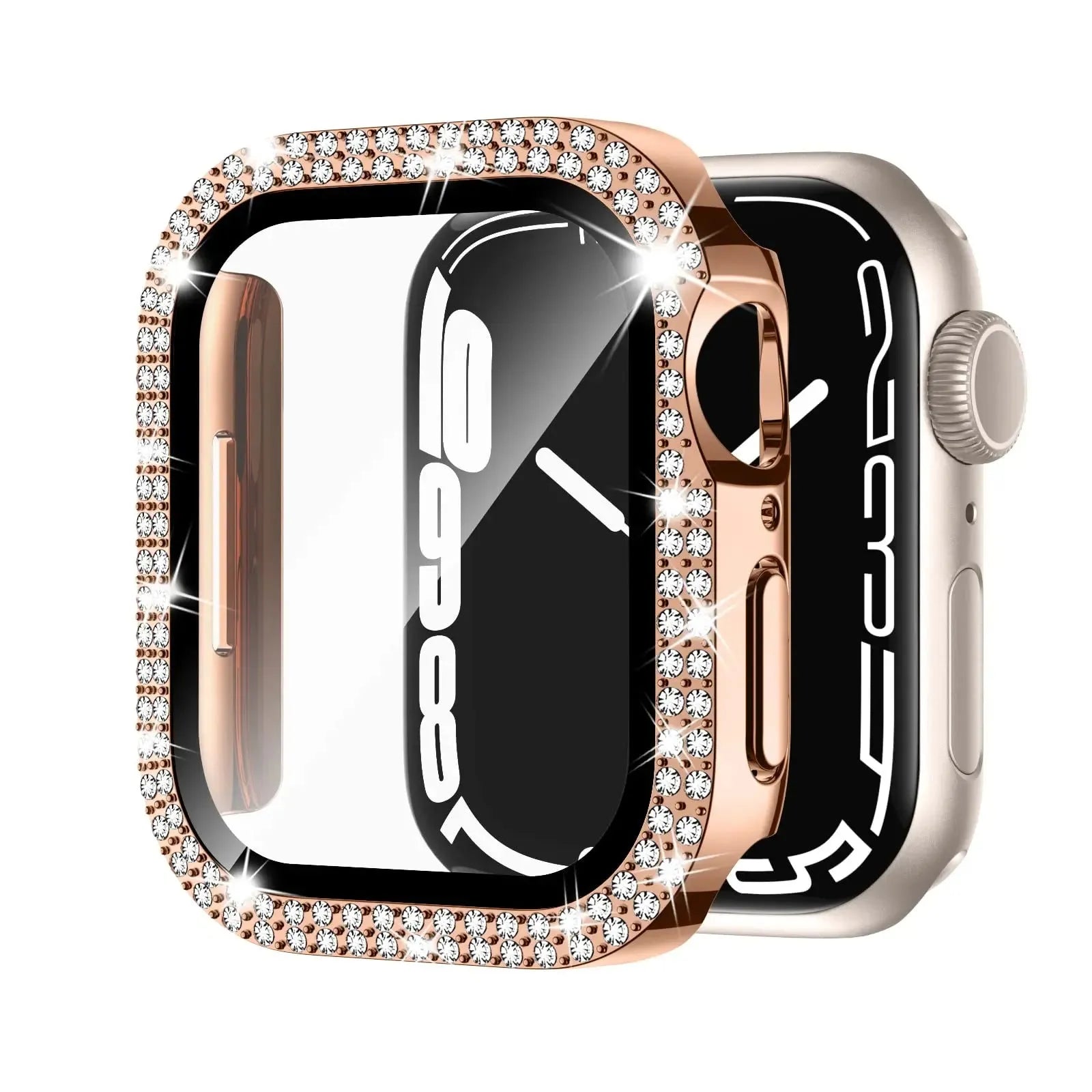 Apple Watch protective case with double diamond glass screen in rose pink, gold, silver, transparent, black, Starlight, and rose gold colours.