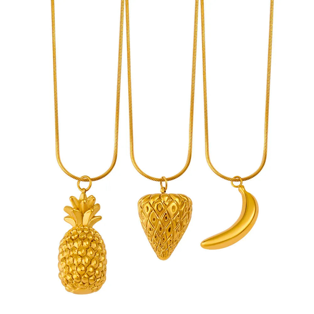 Stainless steel fruit pendant necklace with apple, banana, strawberry designs on regular chain