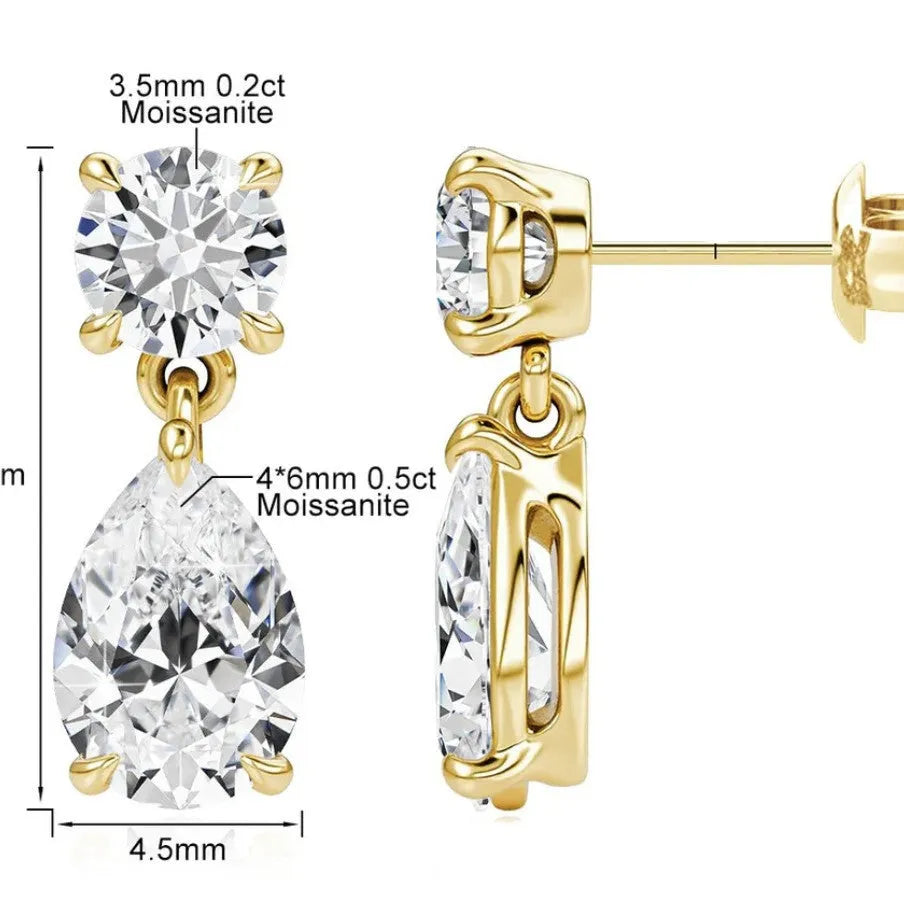 Sterling silver women's earrings with round and water drop moissanite stones