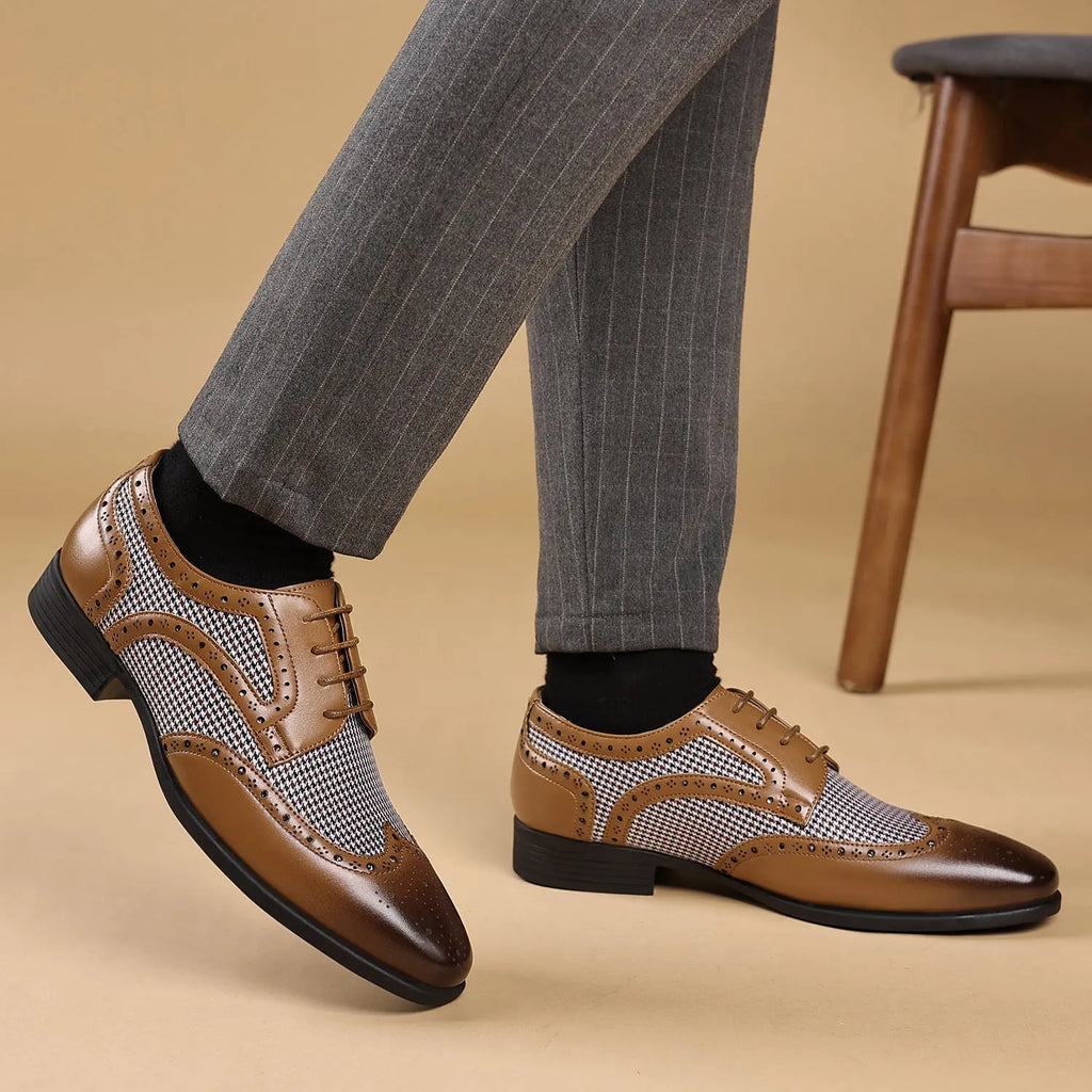 Men's casual canvas shoes with imitation houndstooth plaid pattern, square toe, and rubber sole in black, brown, wine red, and yellow