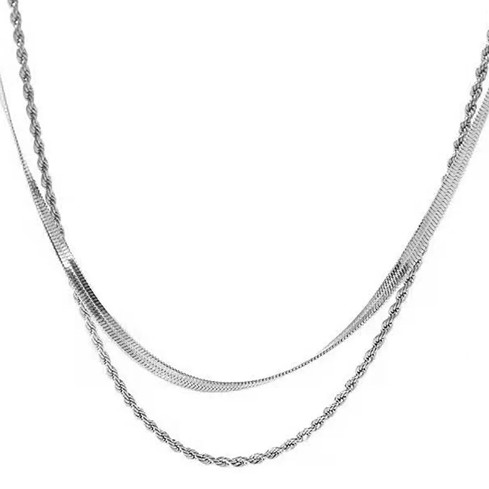 Double layer twist necklace with geometric titanium steel pendant on snake bones chain, adjustable 21-50cm length