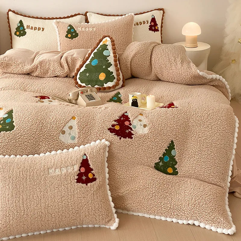Bright yellow Christmas tree bedding set with fleece-lined construction and cartoon animation pattern