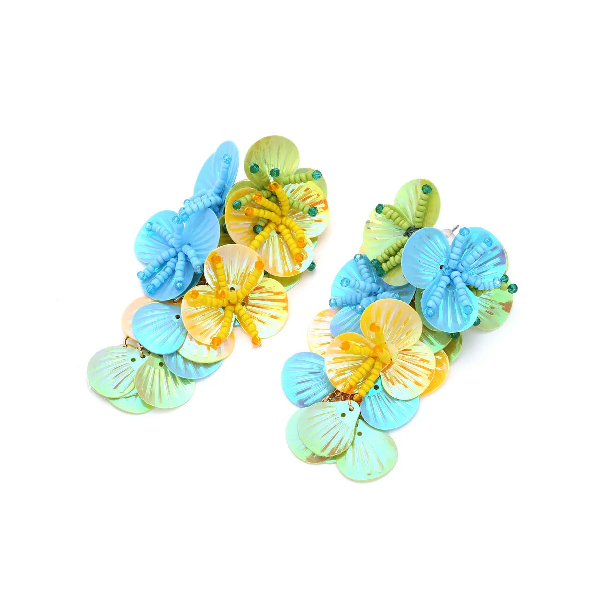 Handmade string bead flower earrings in exaggerated European American dopamine style with floral leaf shapes