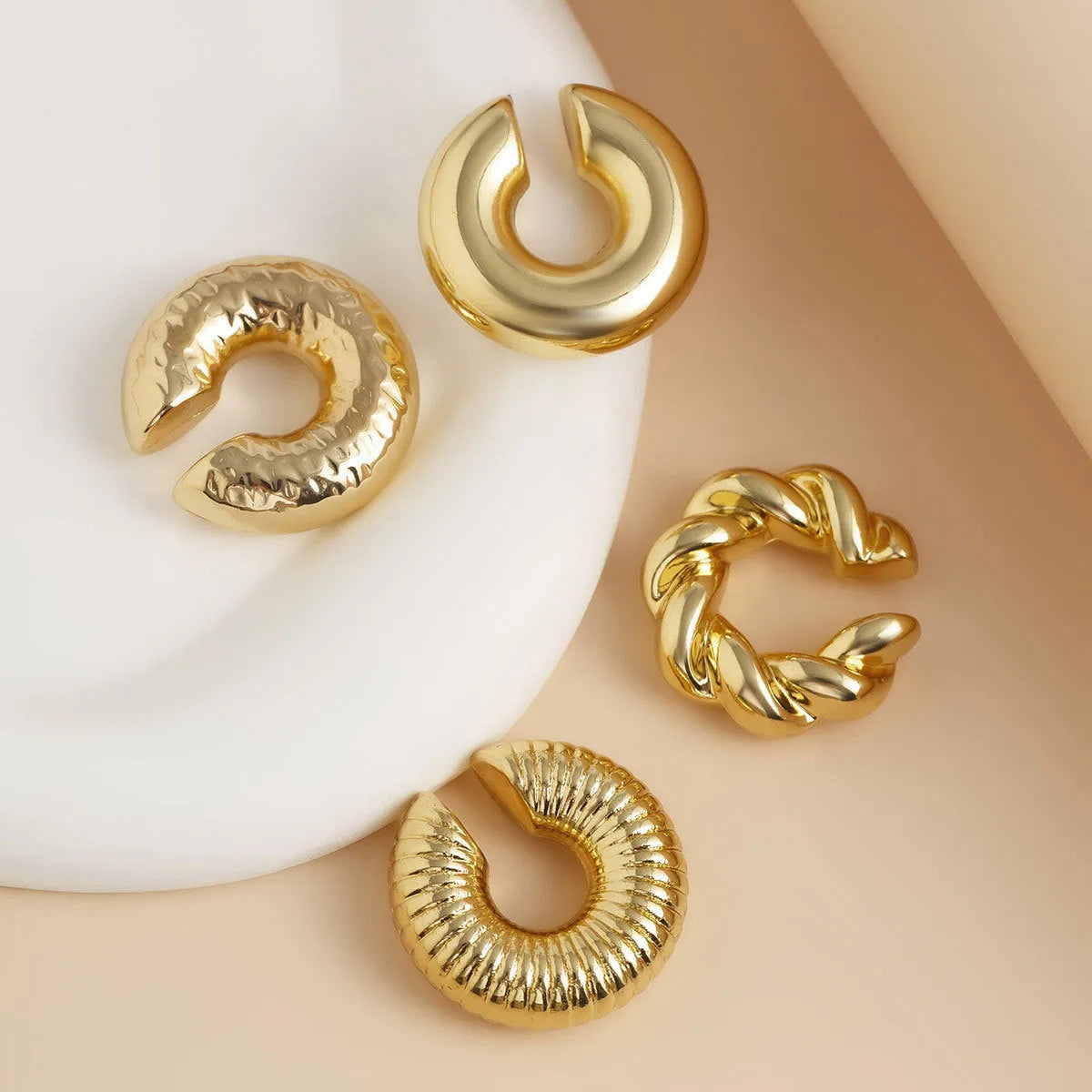 Gold and silver geometric clip-on earrings set for women without pierced ears