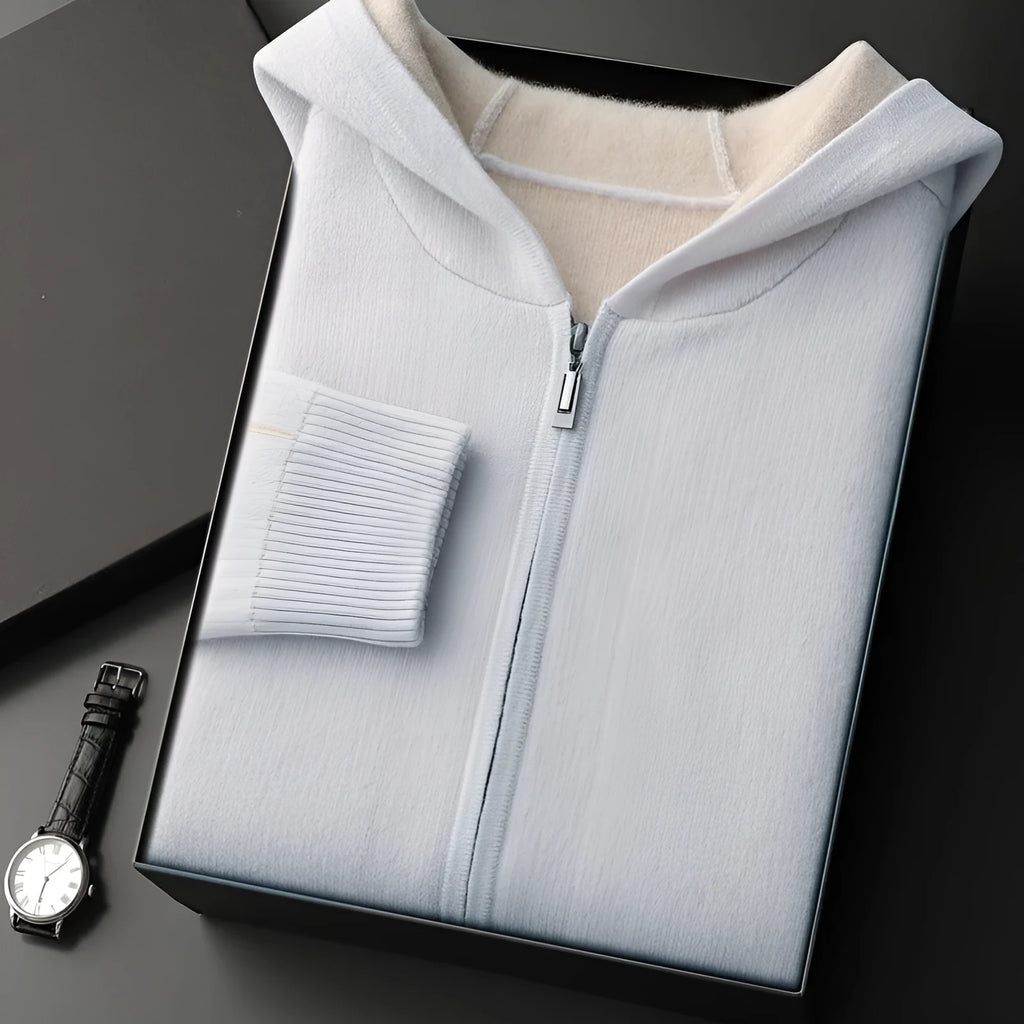 Men's dark blue cashmere cardigan with half-high collar and front zipper in loose fit