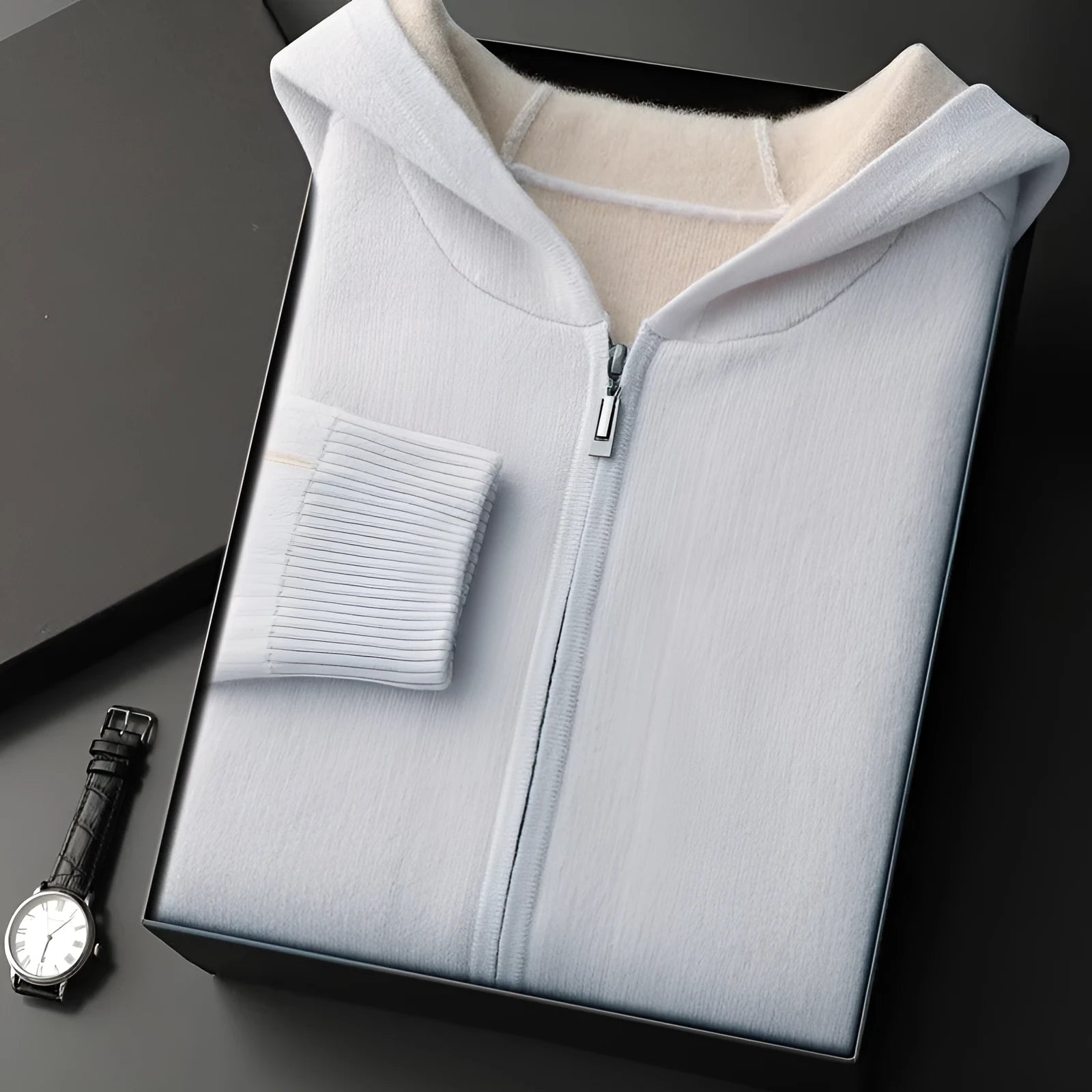 Men's dark blue cashmere cardigan with half-high collar and front zipper in loose fit