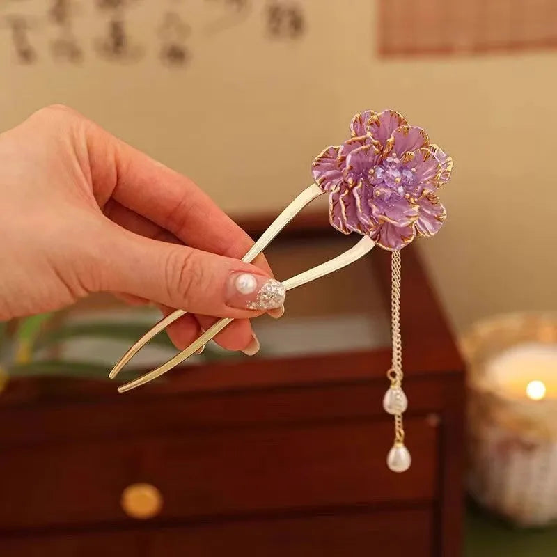 Retro peony flower tassel U-shaped hairpin in alloy with purple and white colour options