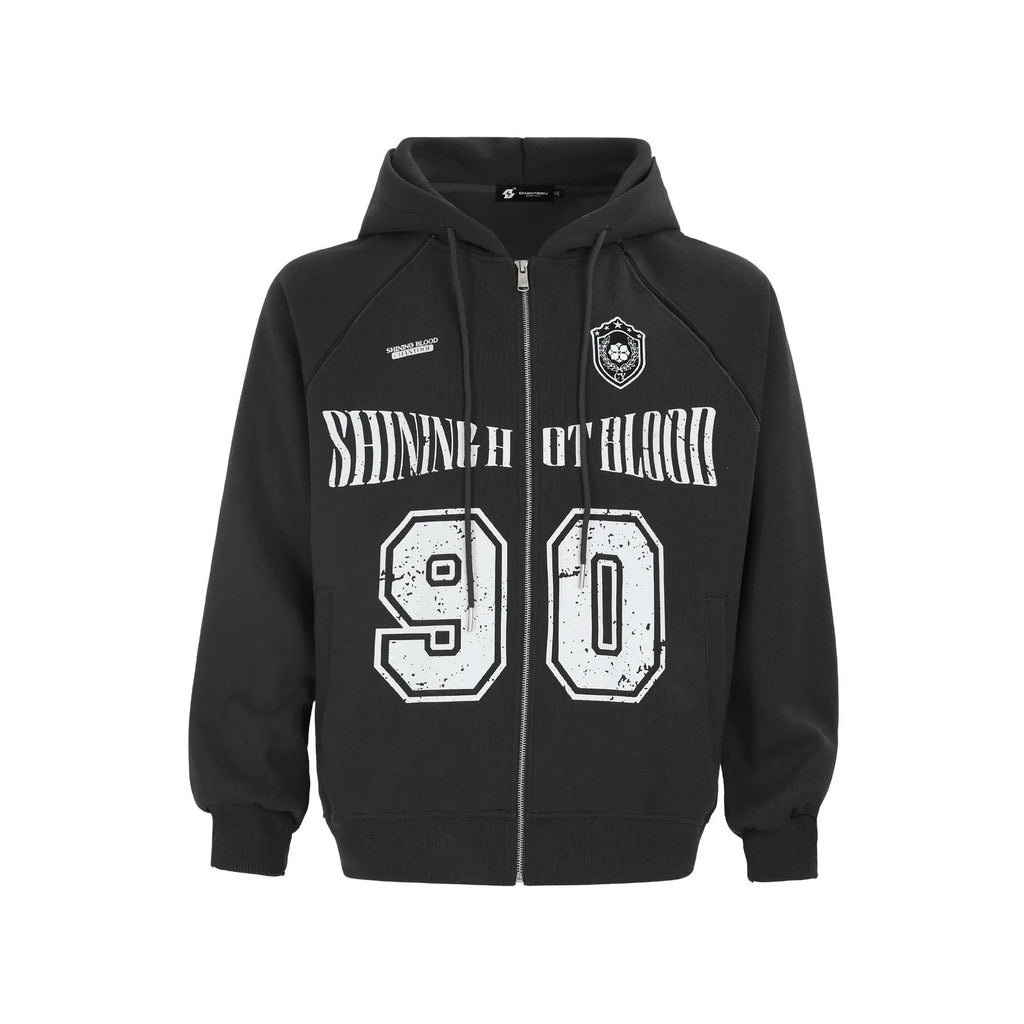 Women's red American retro style loose hooded jacket with embroidered letters