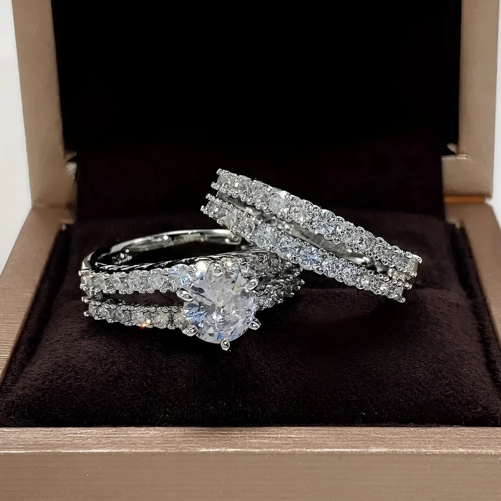 Female alloy ring set with diamond treatment in silver gold rose gold colours, geometric round shape