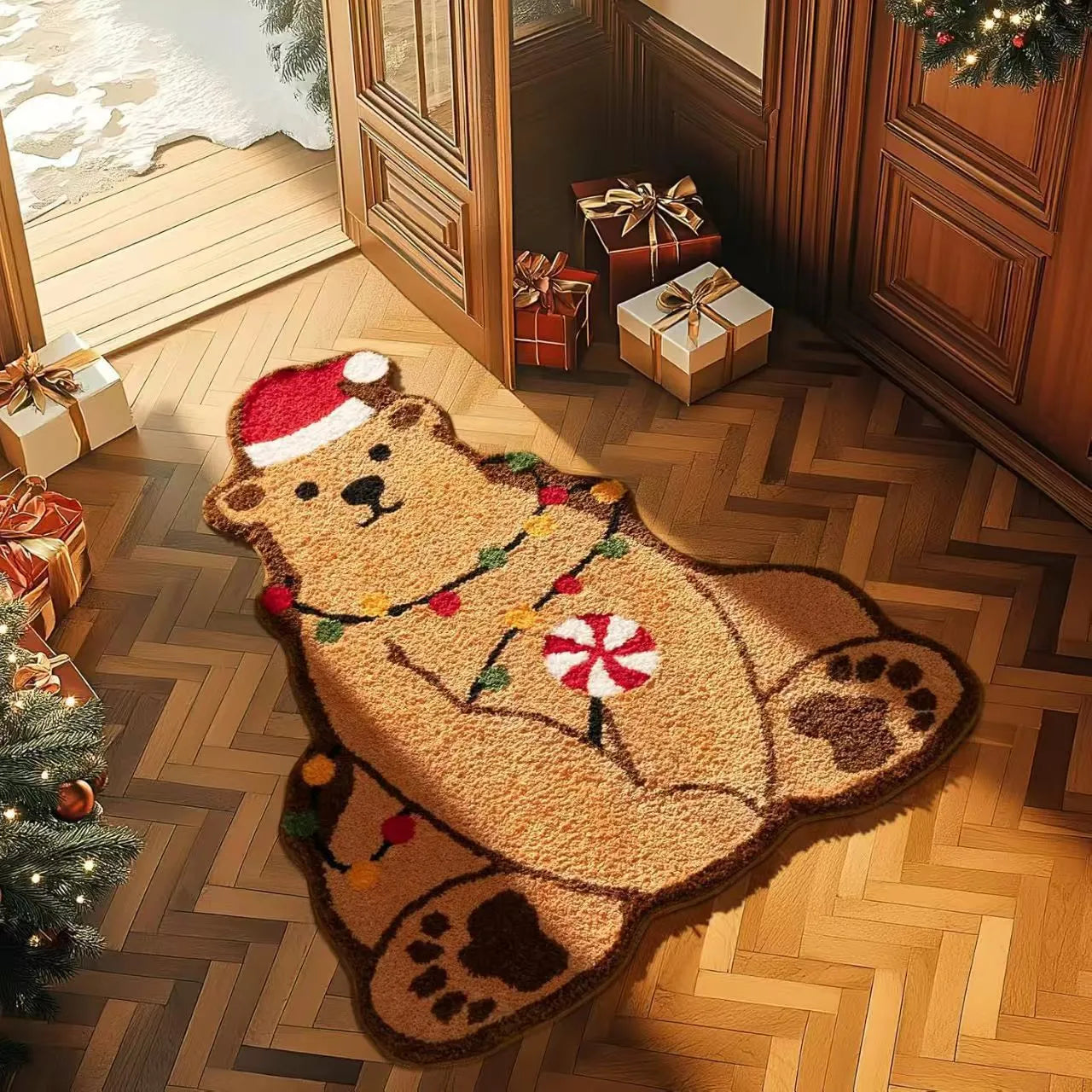 Christmas-themed hallway mat with festive patterns including Santa Claus design and non-slip bottom