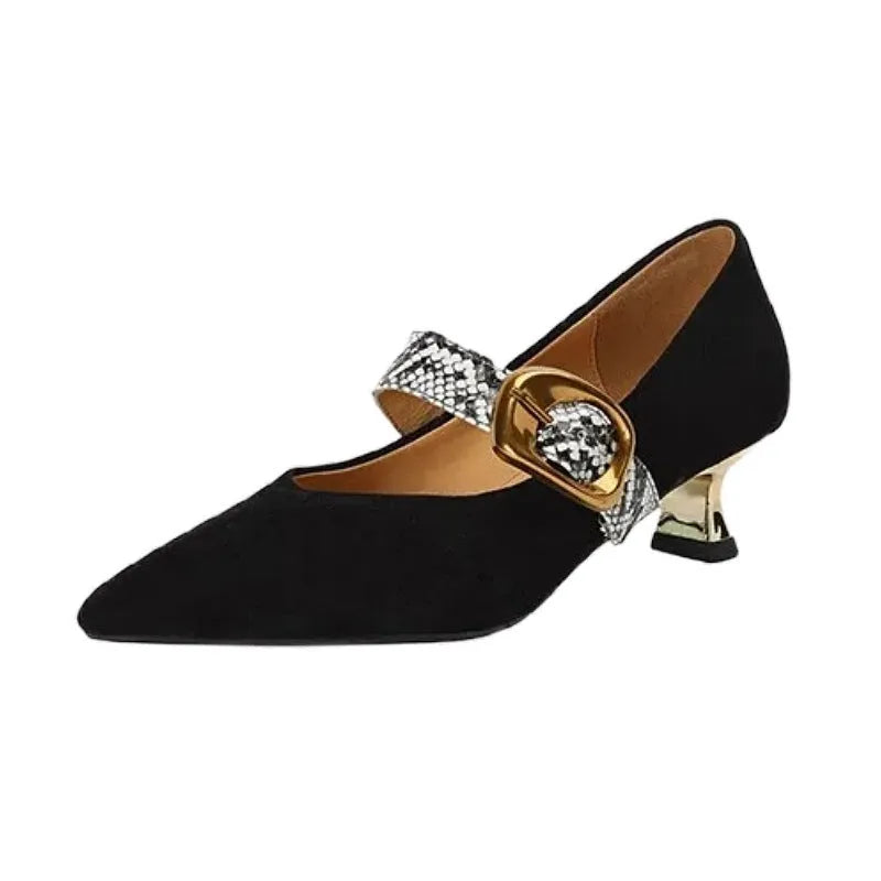 French point women's stiletto high heels with buckle closure in black colour