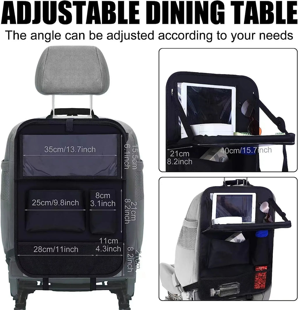 Black Oxford cloth car seat storage bag hanging on headrest with 42x30cm dimensions