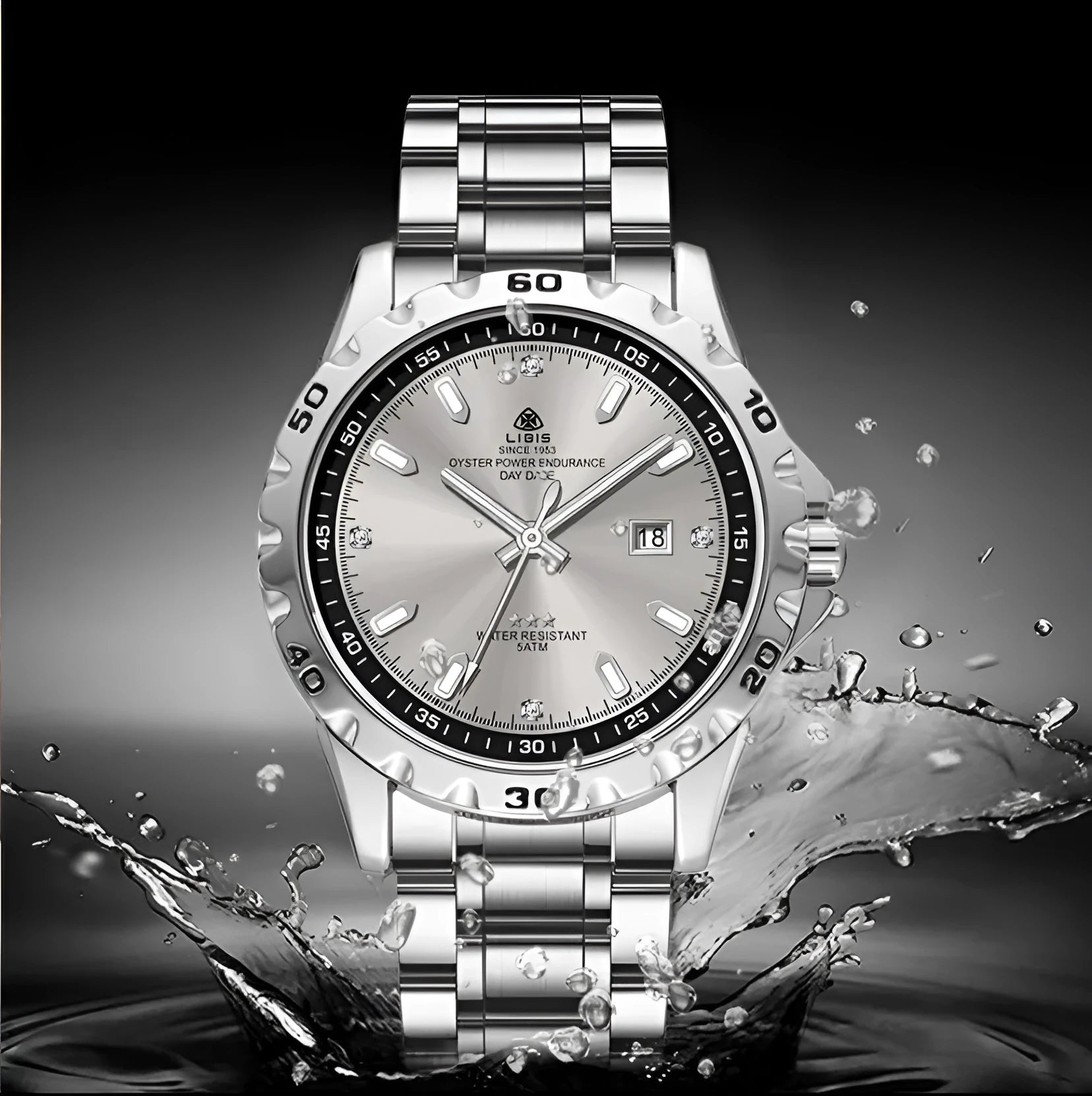 Men's silver case business watch with stainless steel strap and luminous quartz movement