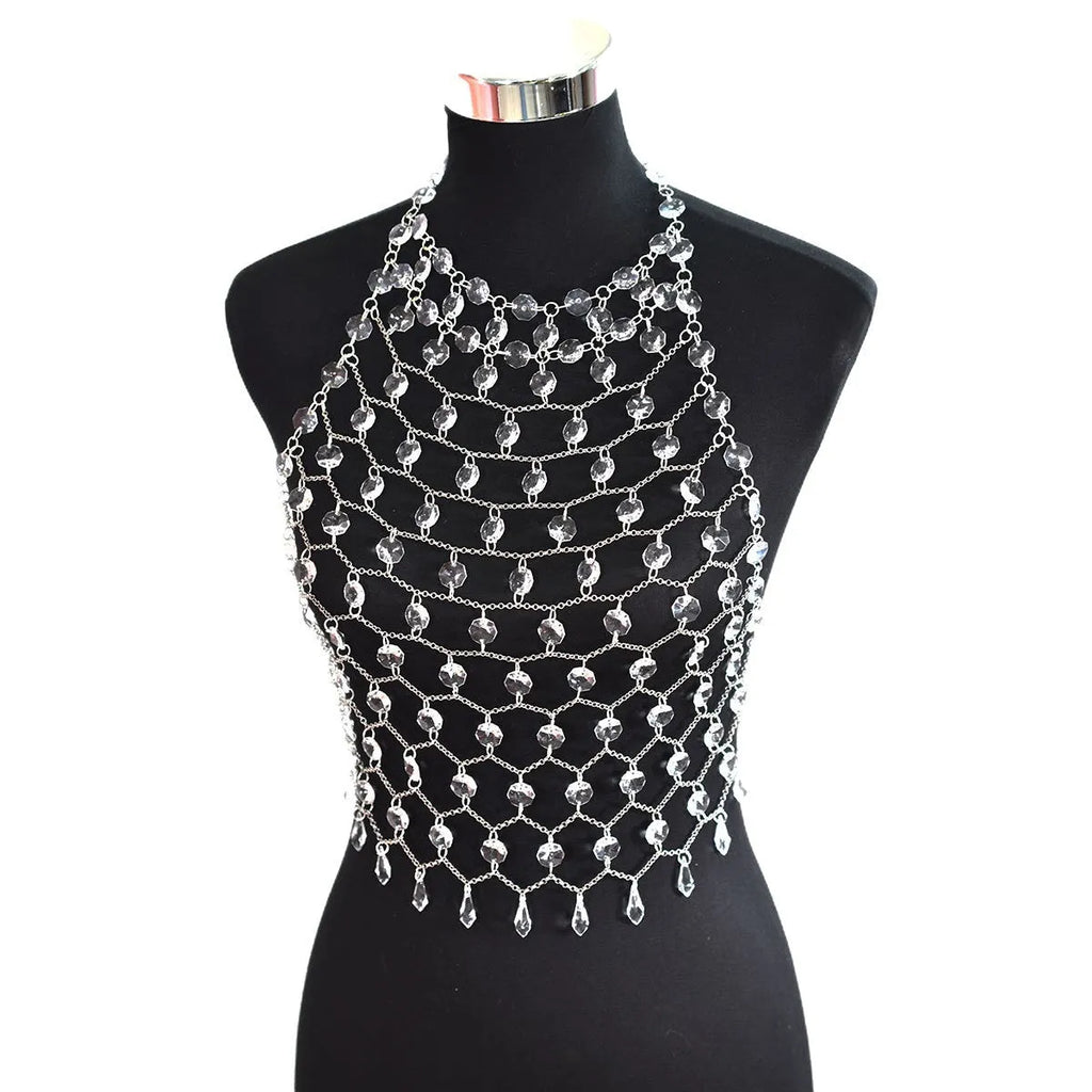 Hand-woven transparent acrylic crystal sequins body chain chest necklace in round shape on display
