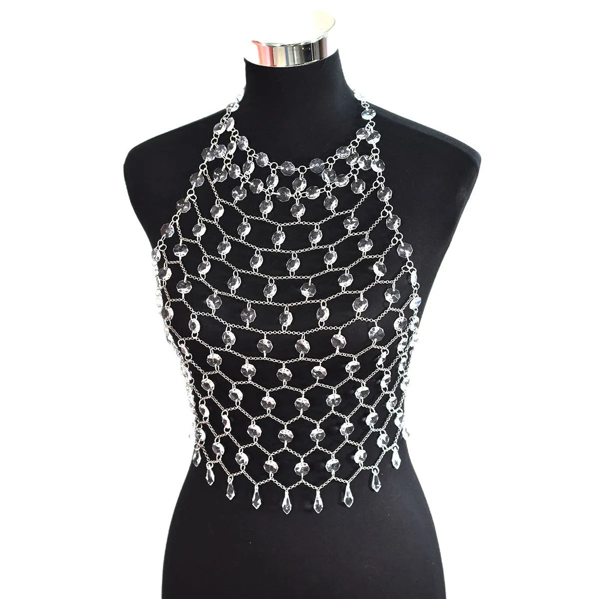 Hand-woven transparent acrylic crystal sequins body chain chest necklace in round shape on display