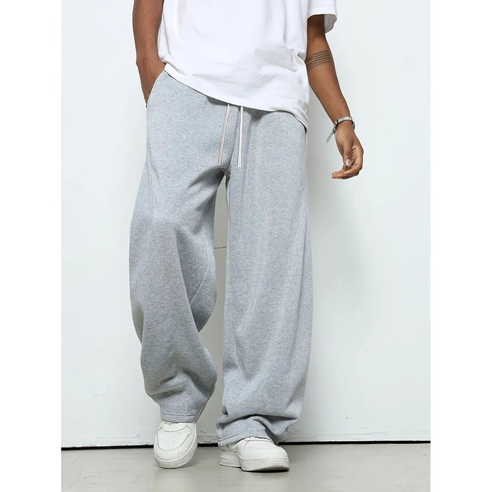 Men's straight-leg casual trousers in black with micro-elastic waistband and drawstring closure
