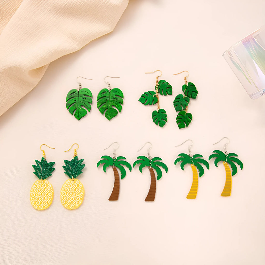 Acrylic drop earrings with coconut and jackfruit charm on alloy hooks in one of five colour styles.