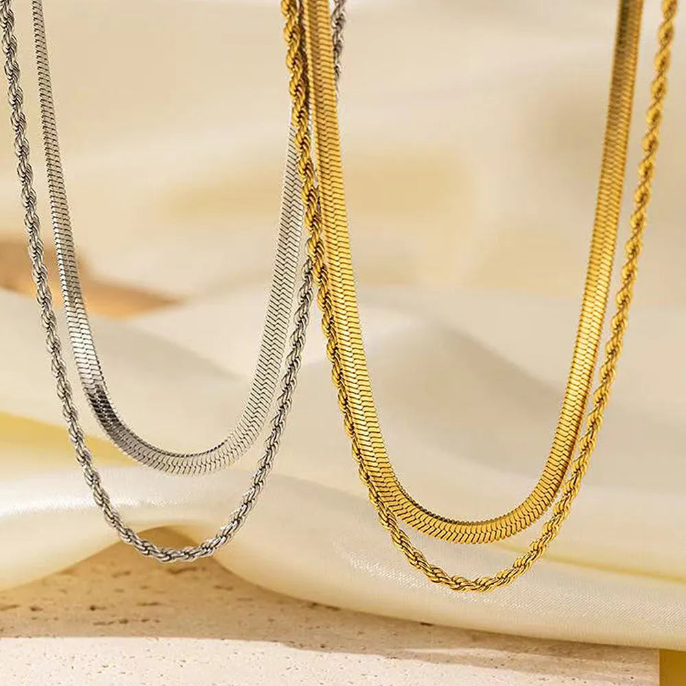 Double layer twist necklace with geometric titanium steel pendant on snake bones chain, adjustable 21-50cm length
