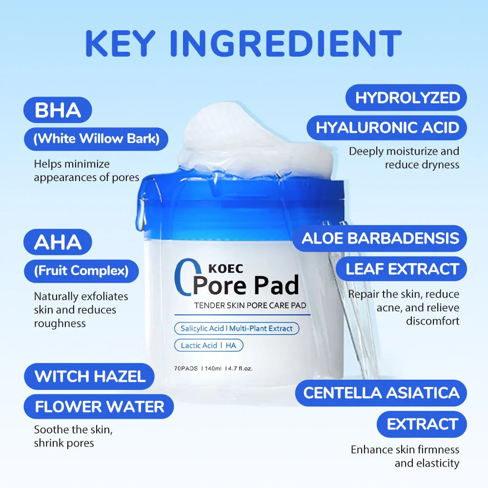KOEC Salicylate Clean Cotton Sheet pore exfoliating pads in packaging with tweezers