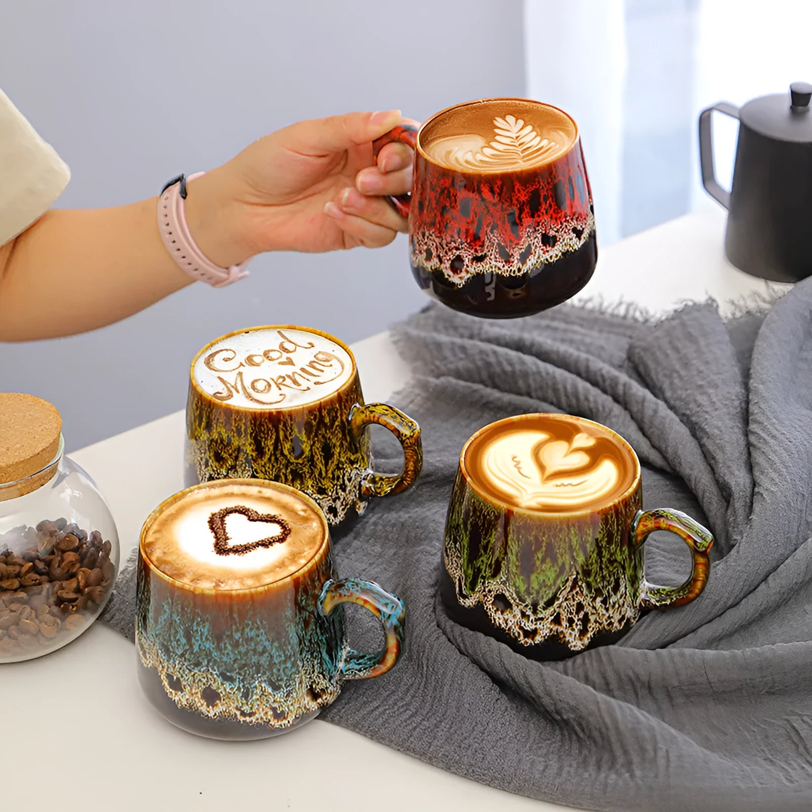 Large capacity retro style coffee mug in one of four colours, shown with dimensions of 8.5cm height and 8cm calibre.