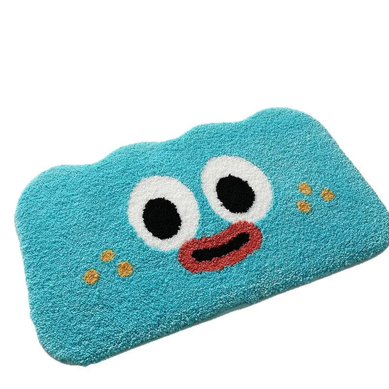 Cartoon anime Big Eye Clouds design bathroom mat in soft green colour on a bathroom floor.