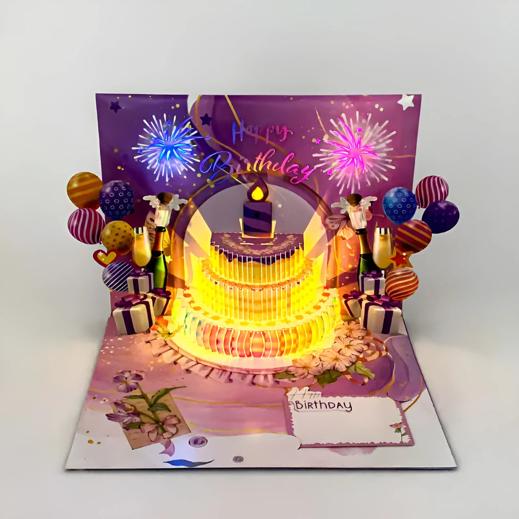 Three-dimensional cake pop-up greeting card with Chinese ink style artwork, shown flat and opened